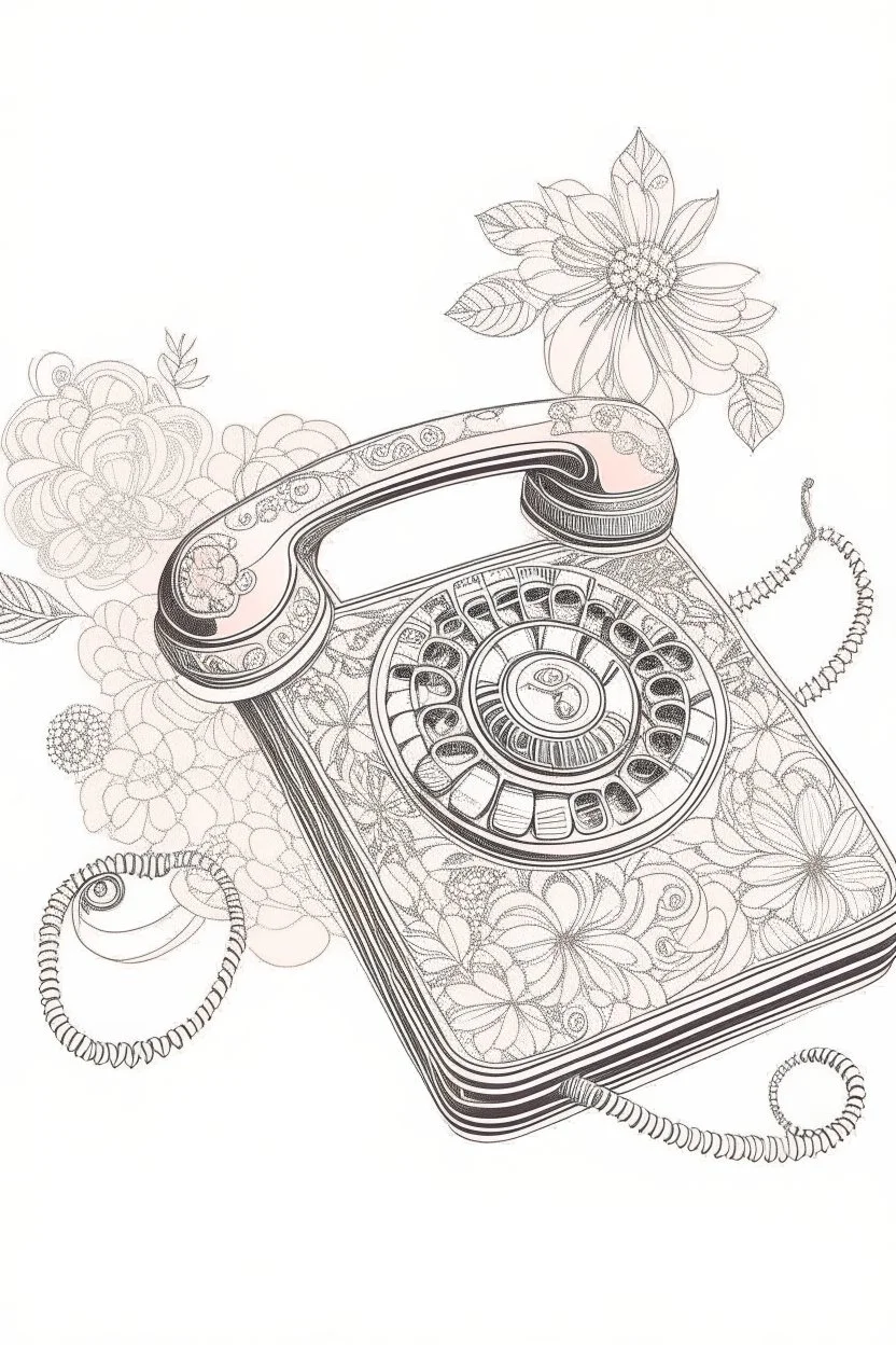 A delicate, floral-patterned phone with a curved receiver rests on a lace doily. A handwritten note with a heart drawn on it lies beside it. Style: Art Nouveau, Mood: Romantic, Lighting: Soft, diffused light with a warm pink hue, T-shirt design graphic, vector, contour, white background.