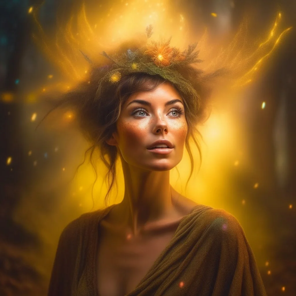 oil painting, portrait of brown hippie pixie hovering in the underground grove sparkling light confetti, in the style of dali, 8k, down-light, soft light, depth of field, photo realism, trending on art station, high detail, smoke and fog