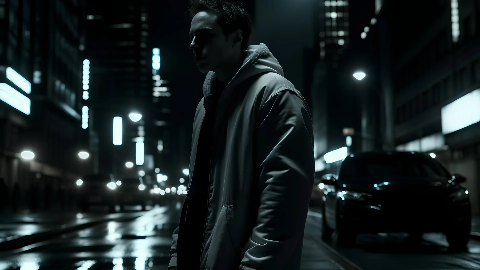 Sid March Antiviral Caleb Jones stands sickly and pale in a dark area of the night city