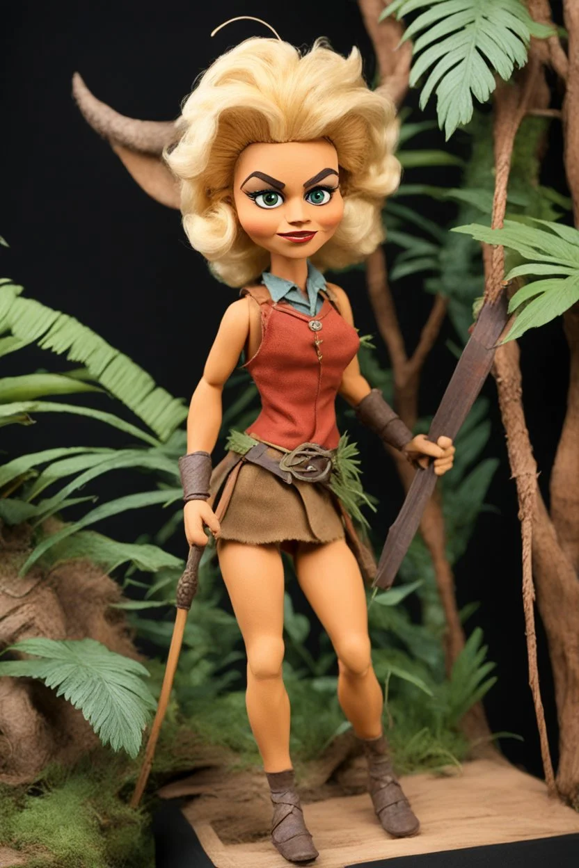 (1960's stop-motion animation puppet, in the style of Ray Harryhausen) Close-up shot of Shanna the blonde She-Devil, the jungle girl, executed as a handcrafted articulated armature puppet. She stands 10 inches tall within a detailed stop-motion diorama of a primordial jungle, built with layers of textured painted paper, foam, dried moss, and miniature tropical foliage. Shanna wears a carefully stitched leather and felt leopard print two-piece swimsuit (revealing outfit) with micro-textures