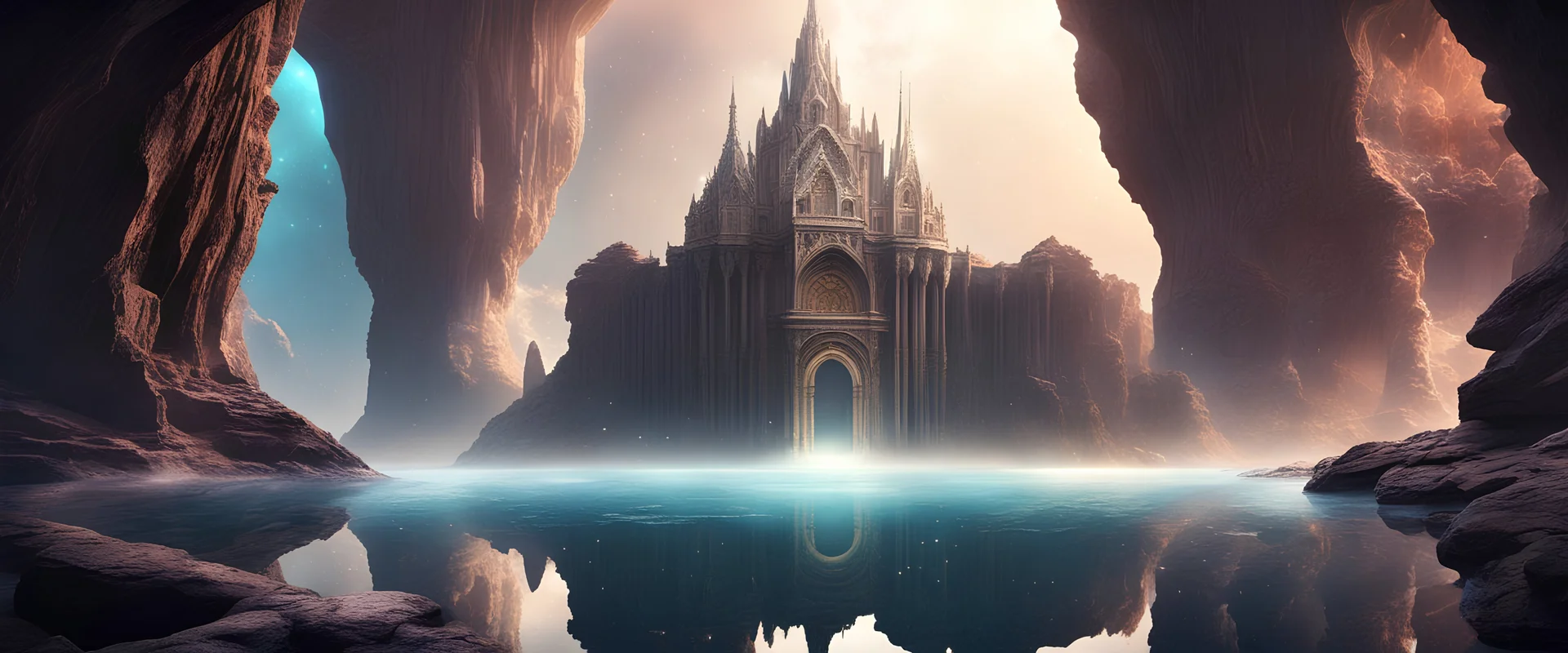 magic christian church , rocky cliff, Palace carved into the rock, galaxy, infinity, space, water , sci-fi.