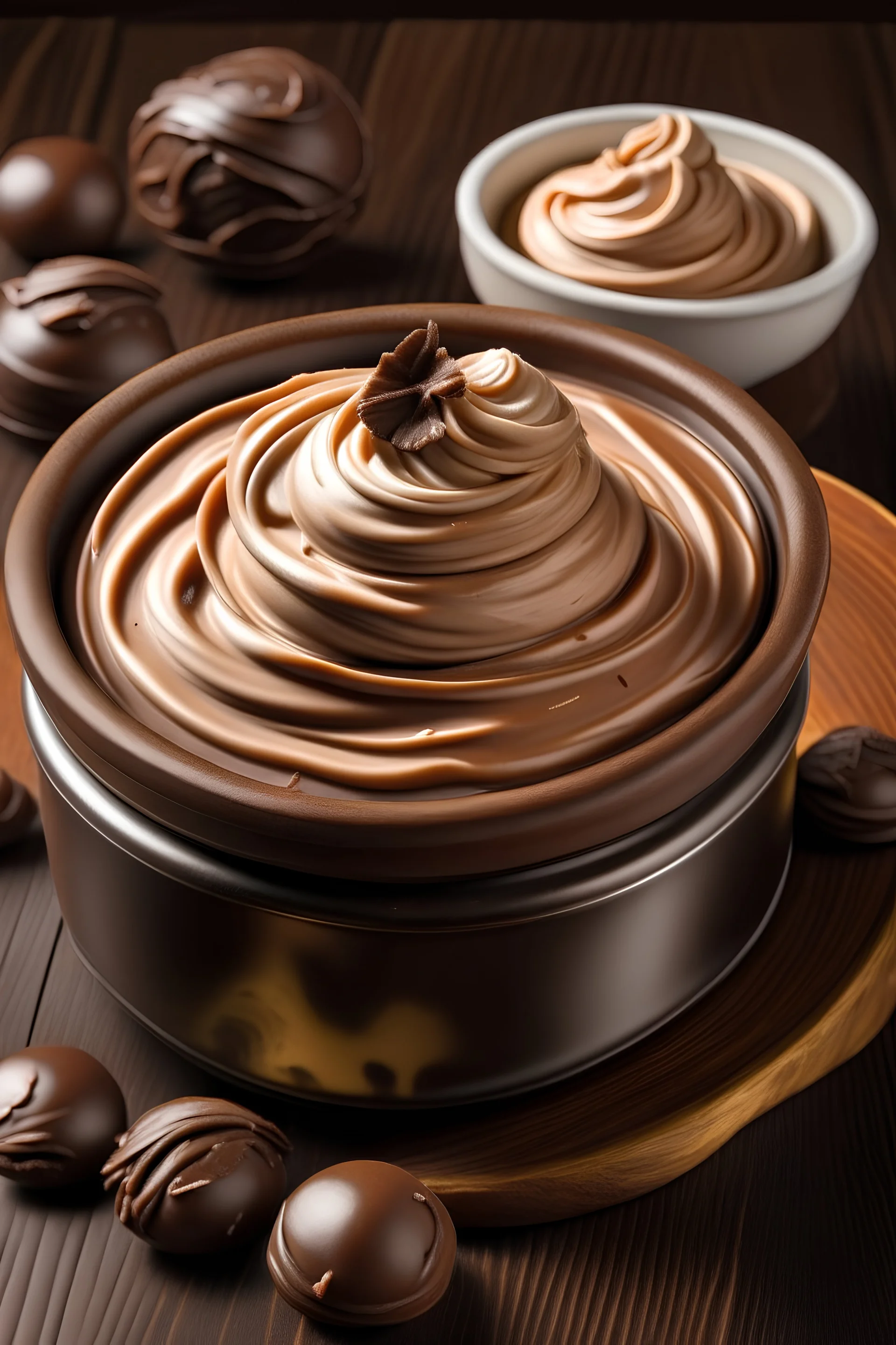 Describe the creamy, thick consistency of cocoa body butter, likening it to whipped chocolate or smooth, soft pudding. Highlight its luxurious appearance, emphasizing its richness and smoothness.