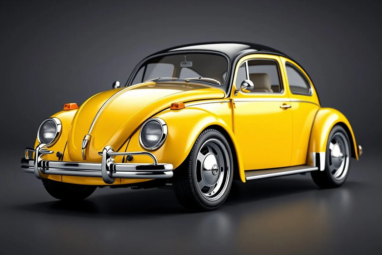 volks wagen beetle , classic model, paint shining yellow and black, big wheels, aerodinamic kit, rendering pixar style, tiny fashion