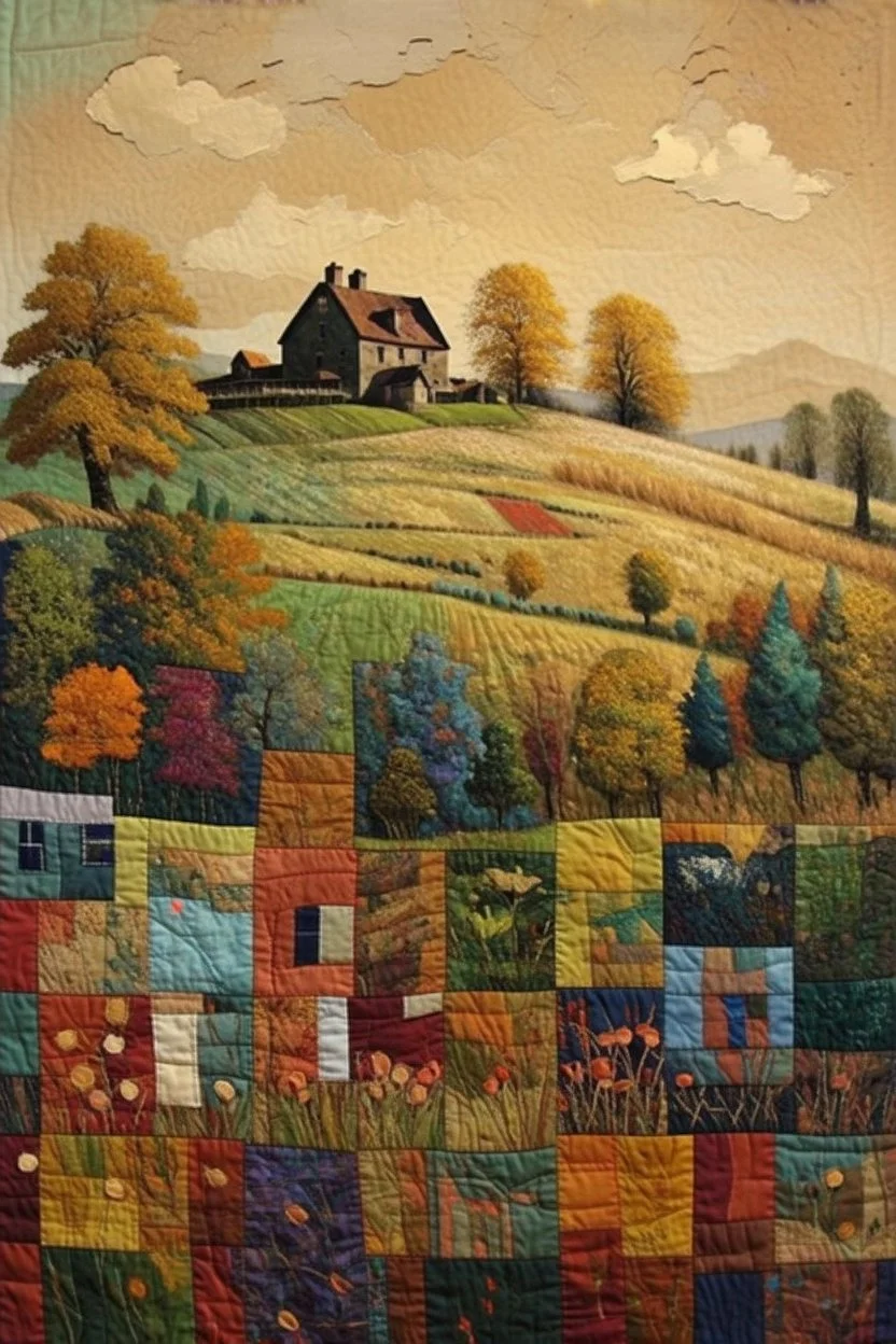 the house on the hill, patchwork art by Jamie Heiden, Peter Doig, Renoir, Pol Ledent, Endre Penovac