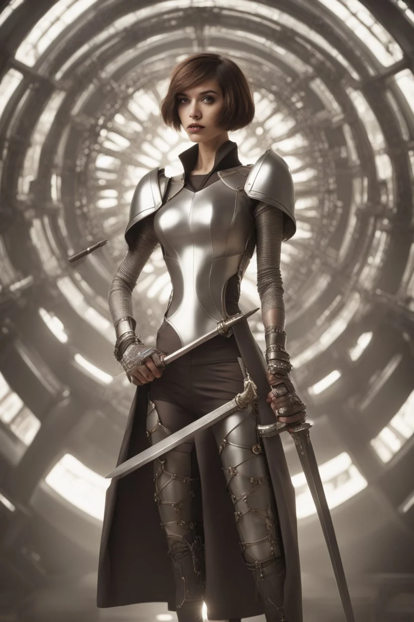 full body picture of a skinny woman with a bob, in silver armour, holding a curved sword, futuristic steampunk background