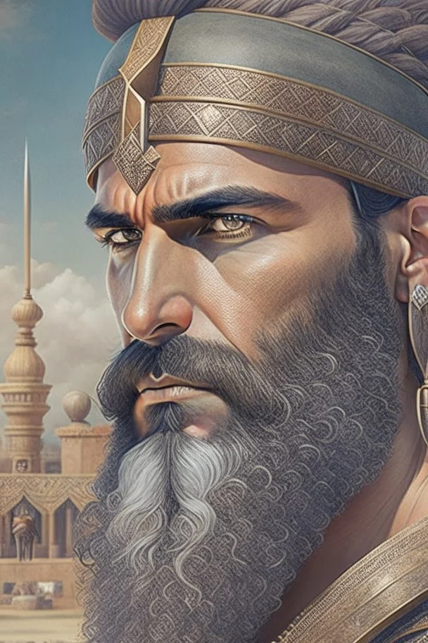 Mesopotamian warrior, expression serious, aura, portrait, background Mesopotamian city, comic style, long beard,