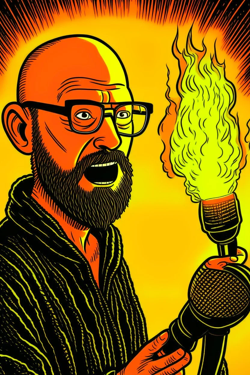 Firestarter animateur radio hardrock with a microphone. He has no hair. He has a thin beard. Je has glasses. He's about 50 years. Seems angry. Flames all around