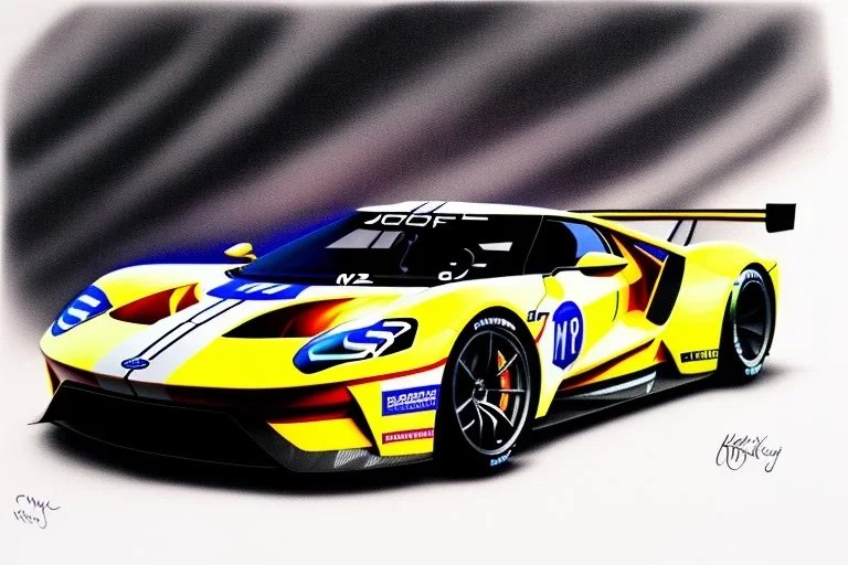 a true-to-life 2016 ford gt race car, pen and color marker, centered, intricate, extreme detailed, photorealism, center view, race track background, pivot on ford, painting by cheryl kelley