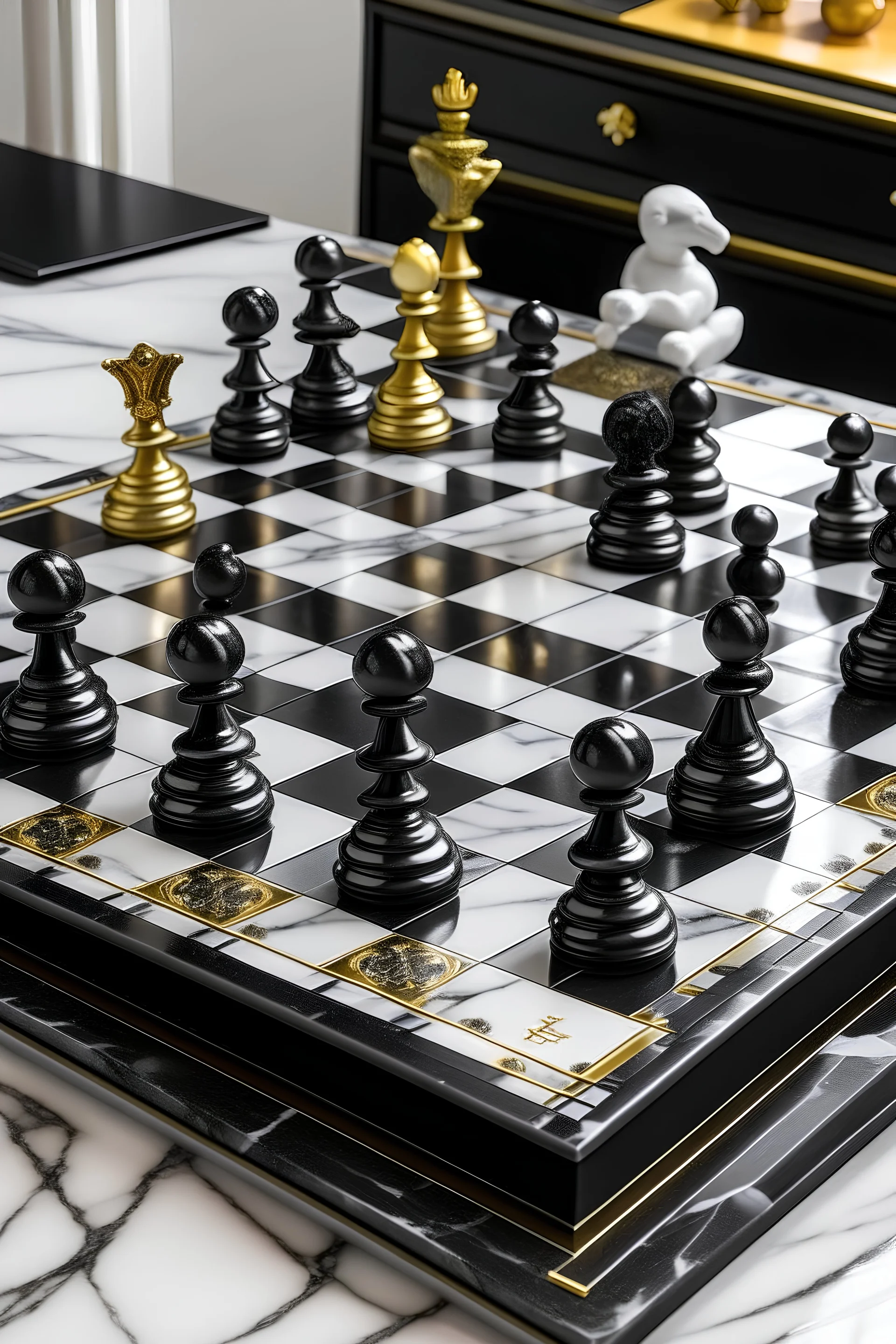 A marble white with grey swirls chess board with black and gold gorilla theme chess set