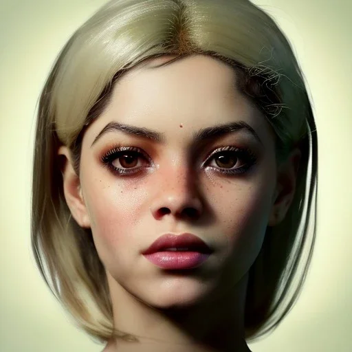 Shakira, artist, 30 years old, Realistic image, waist up portrait, Helmut Newton style. blonde, loose long hair, eyes make up, perfect, glow, circle iris. concept art, smooth, unreal engine 5, god lights, ray tracing, RTX, lumen lighting, ultra detail, volumetric lighting, 3d, finely drawn, high definition, 4k.