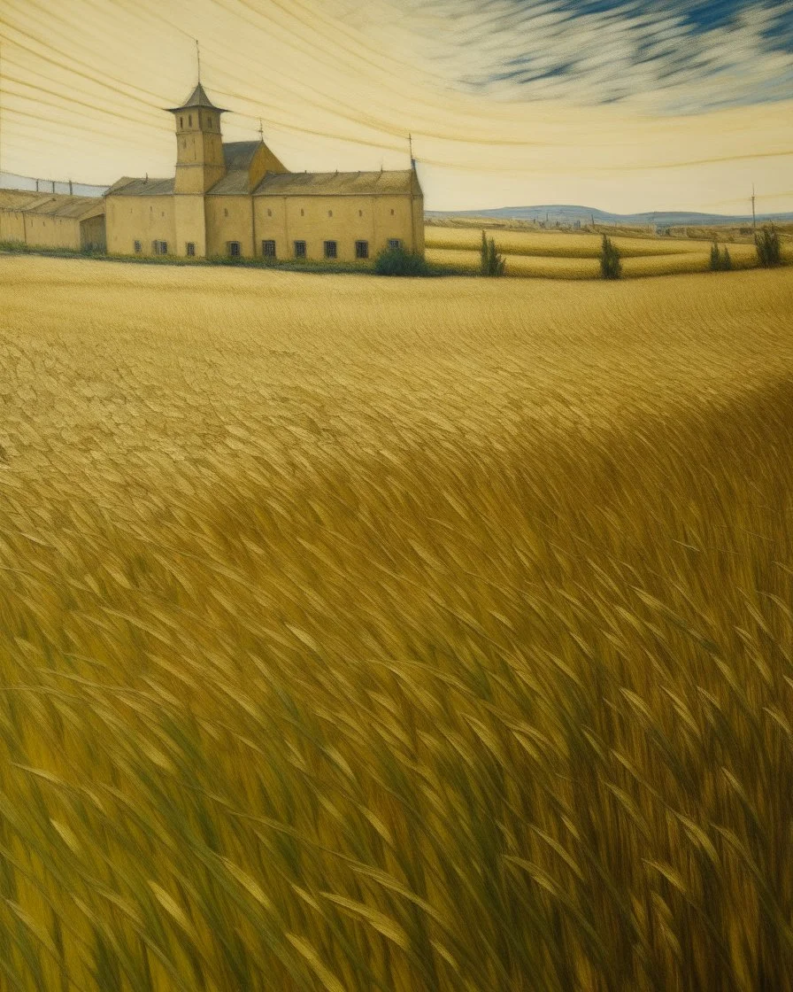 A beige wheat field near a prison painted by Vincent van Gogh