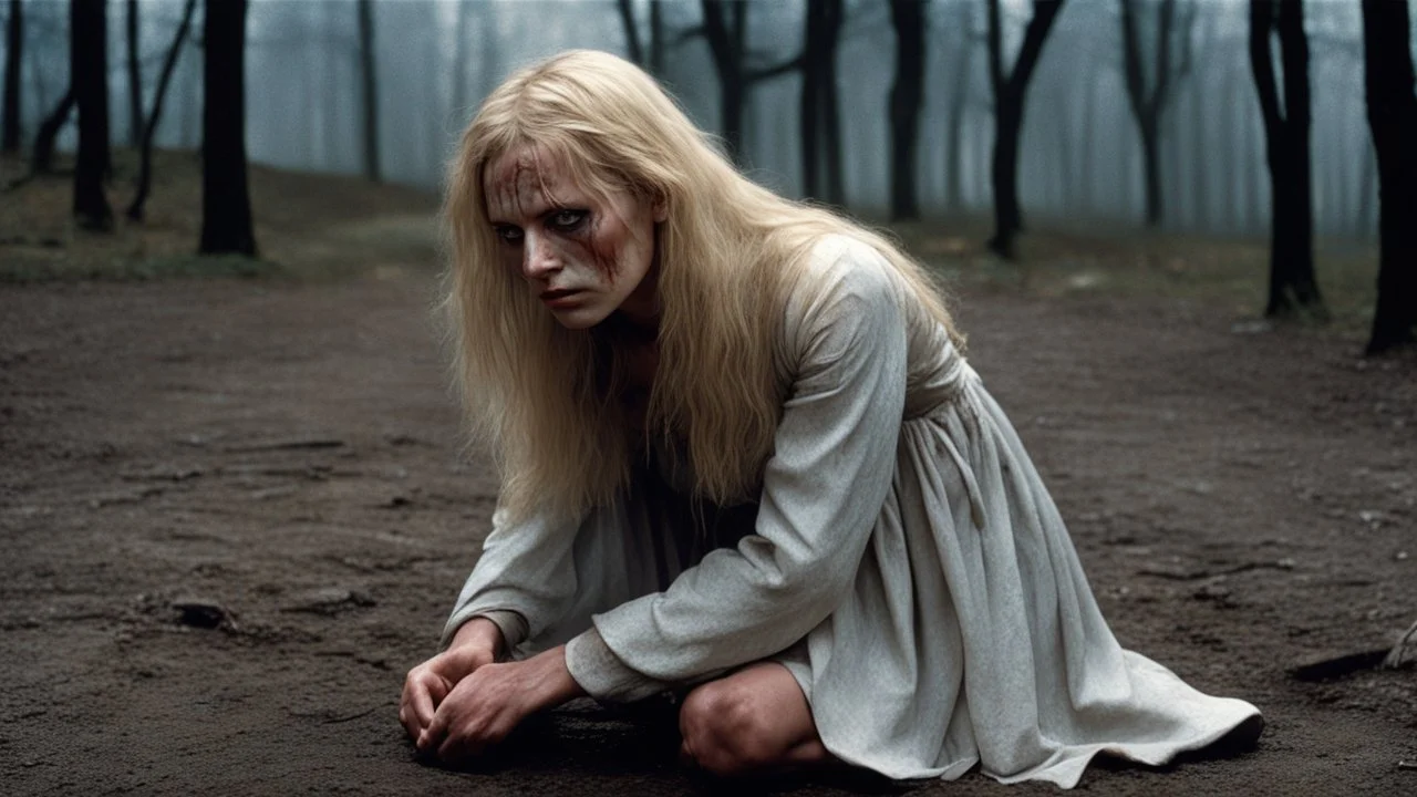 [Excalibur (1981)] young blonde woman knelt on the cold, damp ground, her tear-streaked face a portrait of fear and despair. Bruises marred her delicate skin, evidence of the ordeal she had endured. Her hands were held behind her head in a gesture of submission, a silent plea for mercy in the presence of the towering figure before her.The horned figure loomed over her, a menacing presence cloaked in shadows and mystery. Its cranial facial structure gave it an otherworldly appearance, a being not