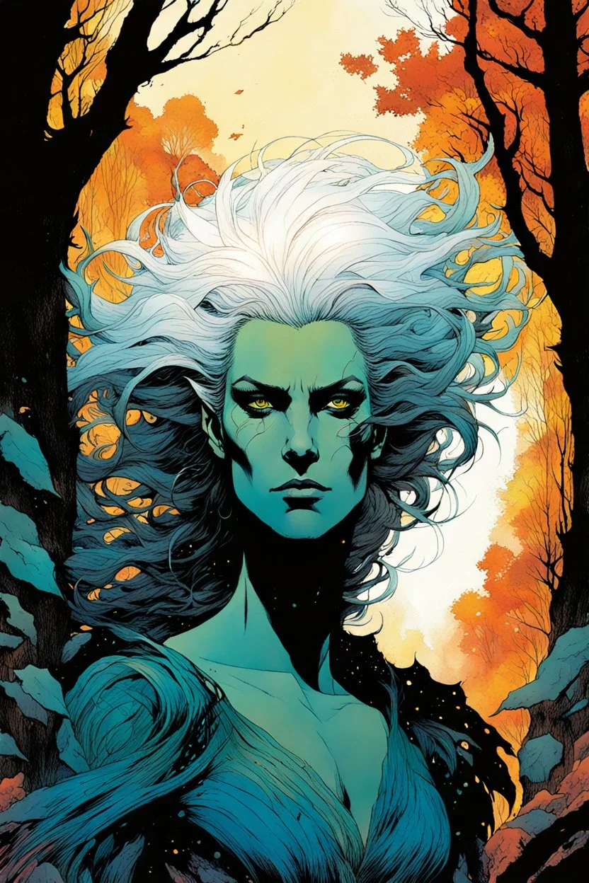 create a wildly conceptual closeup full body print illustration of a feral mage with highly detailed hair and feminine facial features, in an ethereal, otherworldly ,ancient autumn forest , in the comic book art style of Bill Sienkiewicz, Mike Mignola, Sparth, and Jean Giraud Moebius, finely drawn, colored, and inked, suffused with dramatic natural light and shadow of sunset