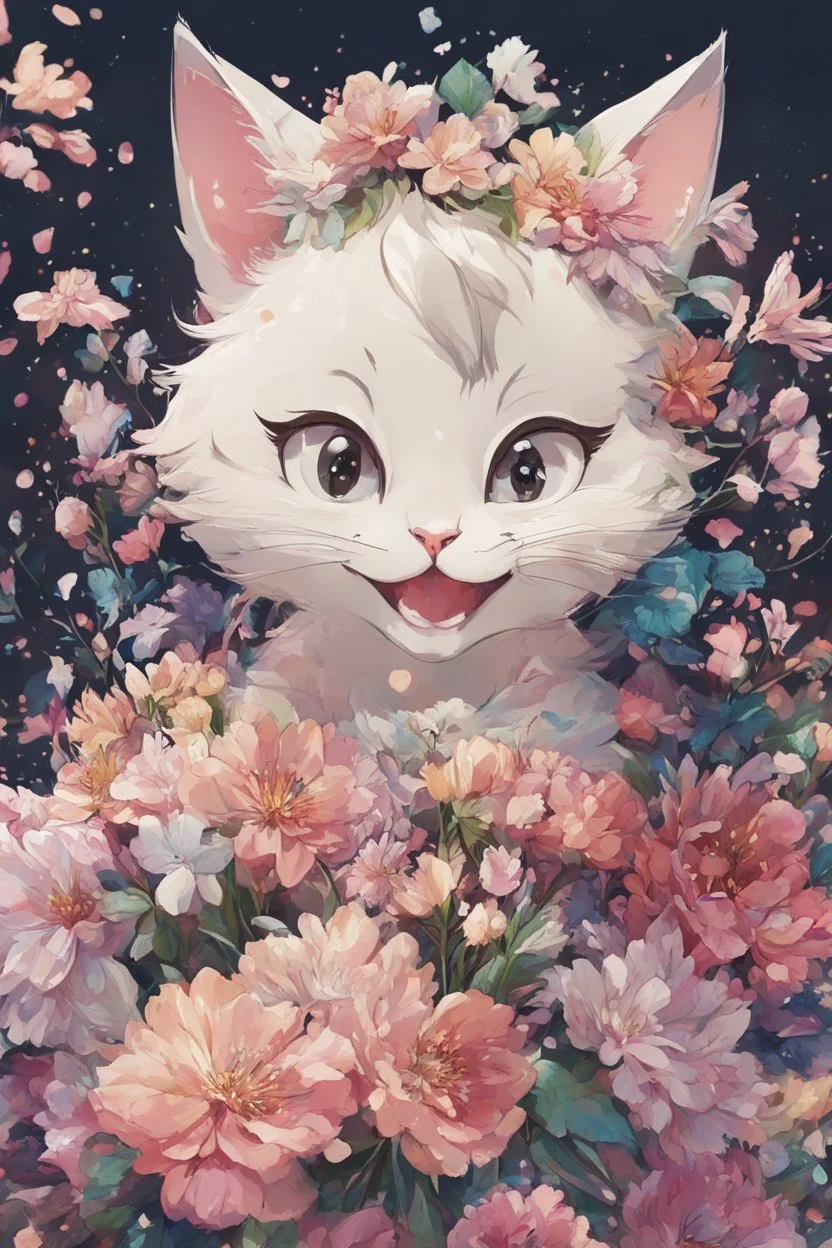 high resolution,best quality anime, highres,Full Body, 8k character concept,8k, pixiv, illustration, ultra-detailed, face focus,Line Art,Ink,acrylic painting,pastel painting,mysterious,elaborate,dof,Laughing cat with a bouquet of flowers,confetti of flowers, kawaii, thick eyebrows, smile, pastel colors, pop art, anime style, very delicate brushwork, clear, vivid, face Clear