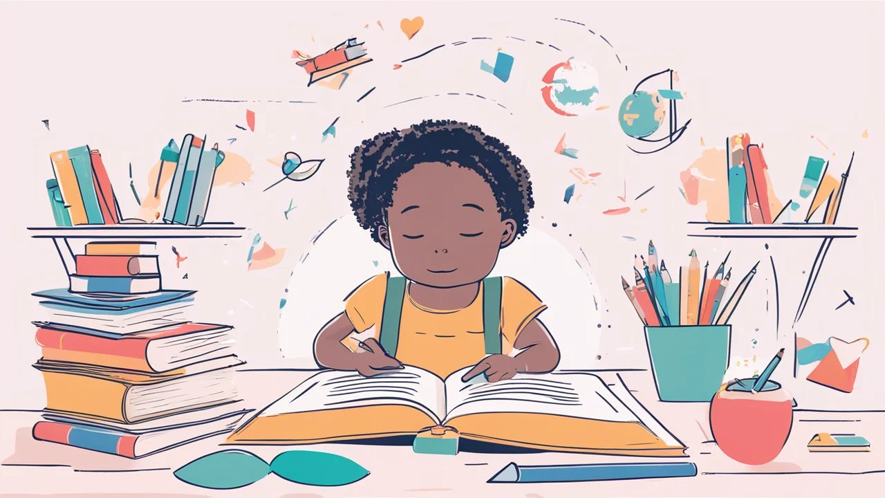 The image for the article could depict a young child sitting at a desk surrounded by colorful books and educational tools, looking at the pages of an open book with curiosity and interest. This image reflects the spirit of learning and exploration in children, illustrating the opportunities that come with developing their love for knowledge and self-learning.