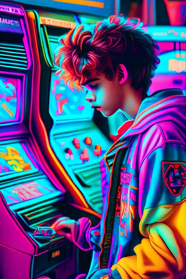 a millineal teenage boy is playing video arcade games, bright colored clothes from the 90s, hairstyles of that time