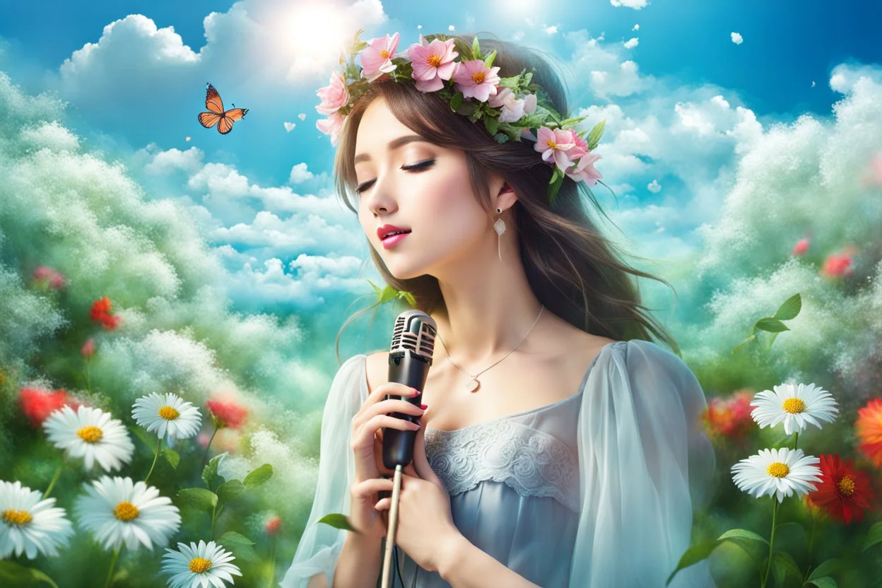 romantic environment heaven flowers clear nice clouds ,young girl singing her love story