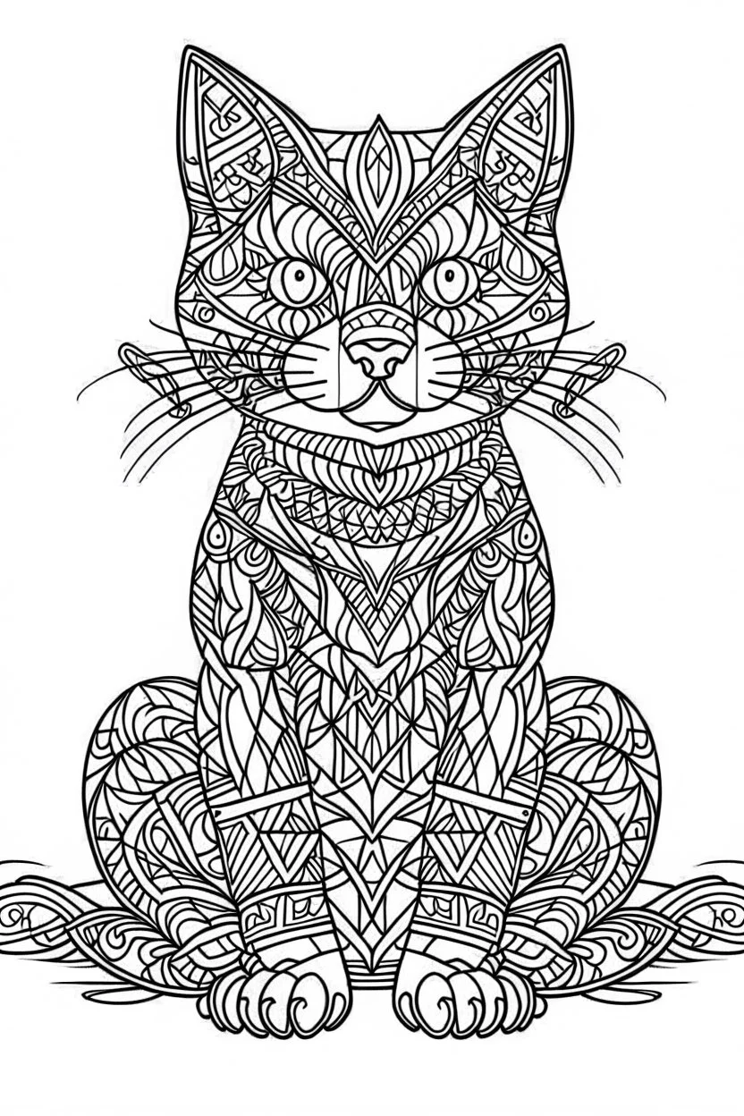 A simple minimalist coloring book mandala page drawing with thick black lines on a white background of a full length body of a kitten with no tail of the cat breed BORNEO BAY CAT. No shading. No gray. No shadows. No color. This coloring book page would appeal to children aged sixteen through adults and have clean lines for a design that is easy to color. Style raw. Aspect ratio 9:11