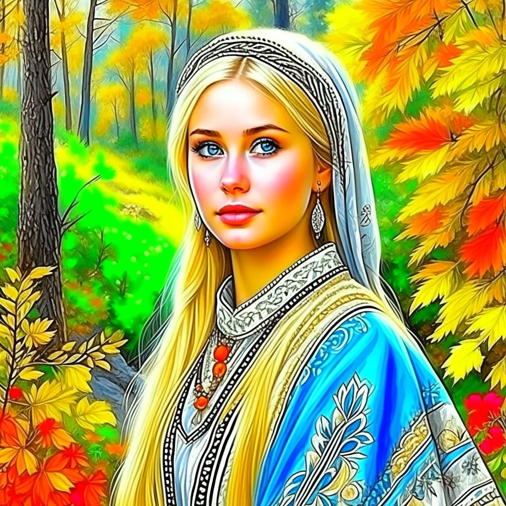 Blue eyed blonde women in traditional dress, nature background, water color, 24k, high resolution, highly detailed, cozy, forest with leafs, flowers, smooth, folk, painting