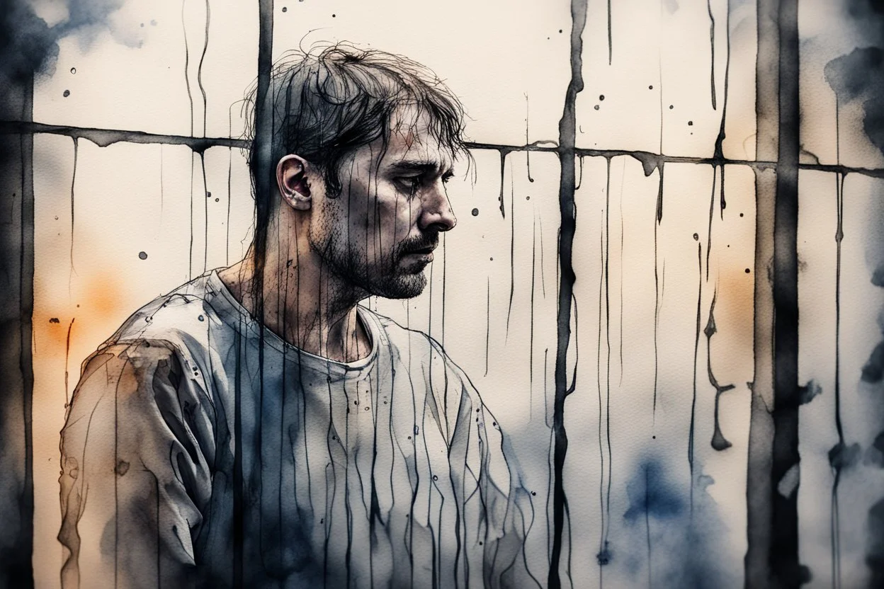 sad, bowed-headed incarcerated man behind bars with his back to us, melting watercolor and black ink outlines on wet paper, soft, shading strokes, in sunshine, ethereal, otherwordly, cinematic postprocessing, bokeh, dof