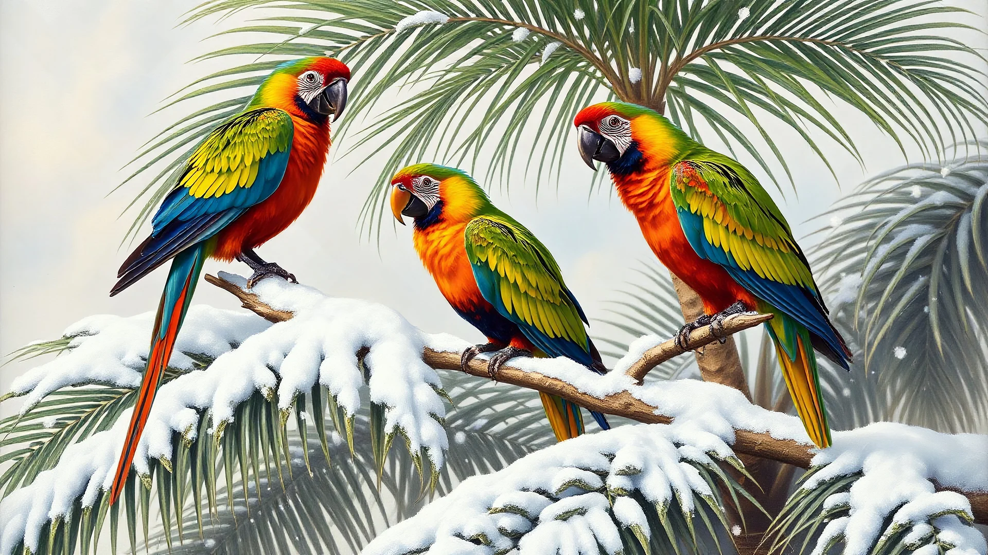 Realistic oil painting of colorful parrots perched on snow-covered palm trees, by John James Audubon, vibrant colors, intricate details of feathers and leaves, snowy background with soft lighting.