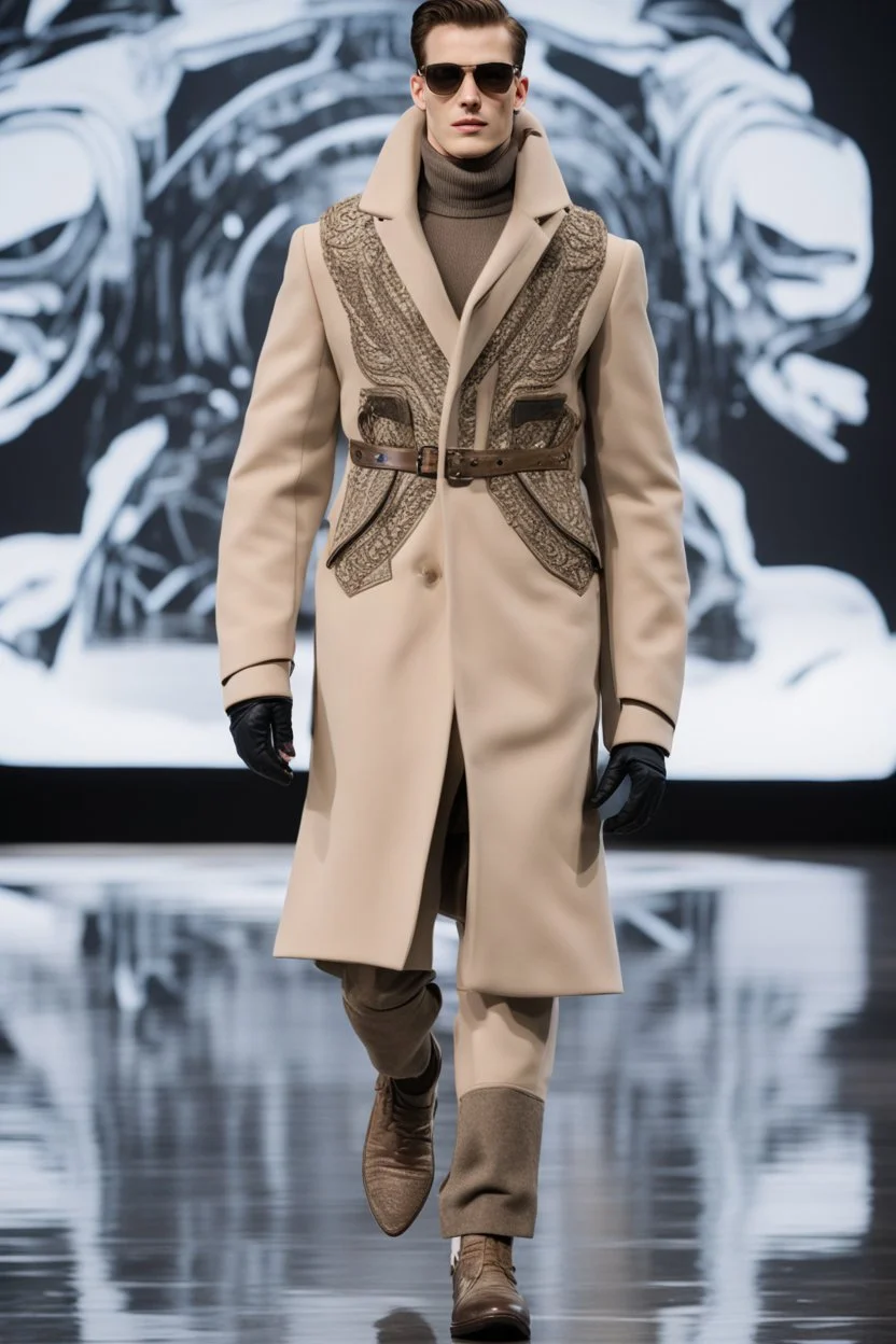 a men winter fashion runway with industrial clothes inspired by Superman Emblem style, embroidery elegante fashion beige tones