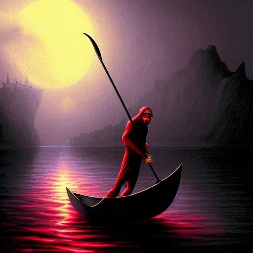 Charon in his boat on the river Styx, red black purple colours, 8k, high definition, fantasy art