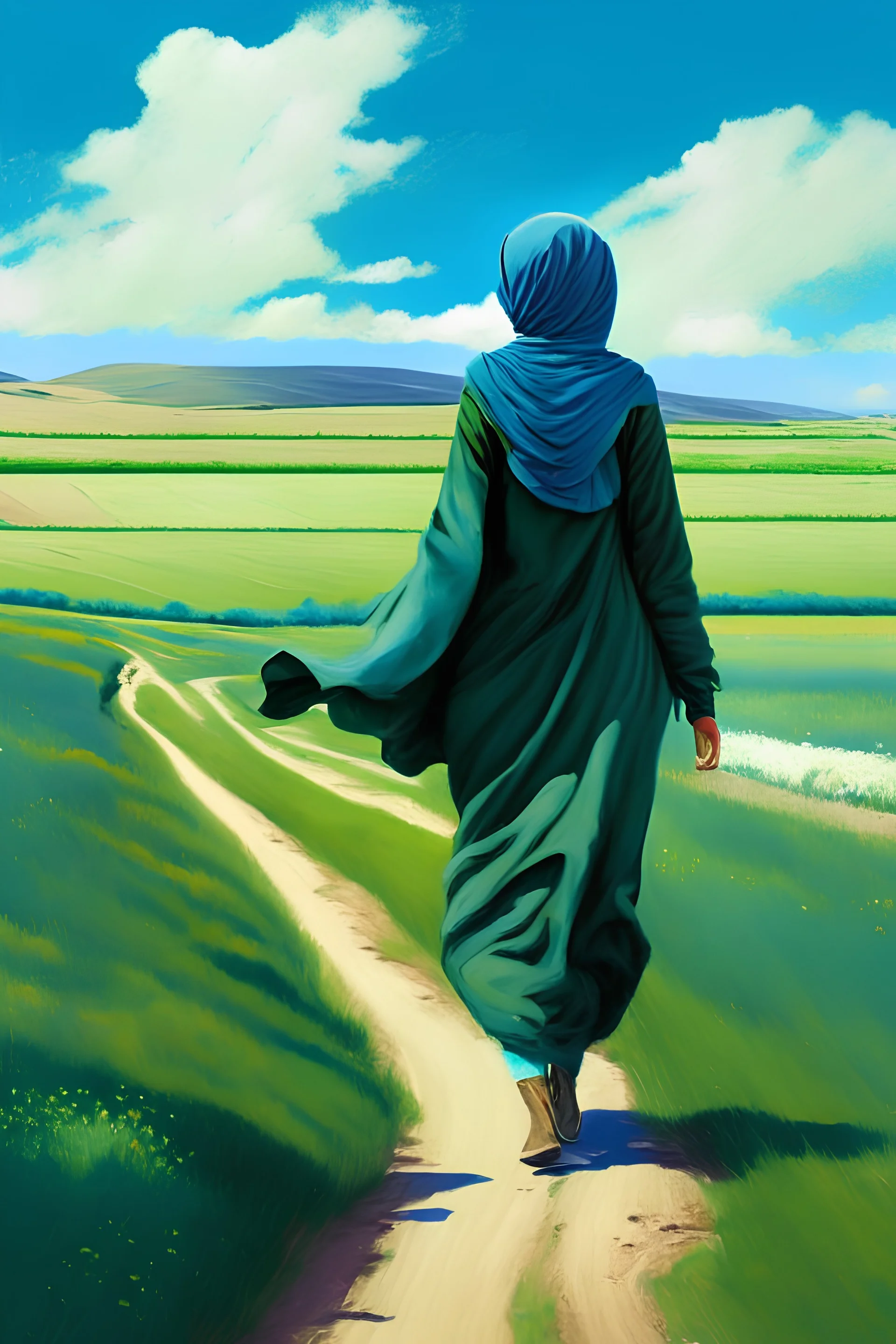 woman, plain, field, full islamic hijab, happy, walking, blue sky, green field, landscape, behind, realism, detail, road