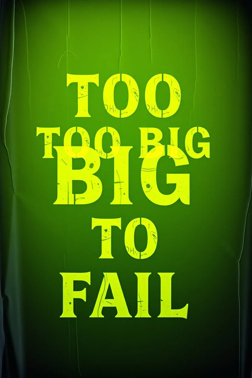 Text "TOO BIG TO FAIL" in faint font, grainy photography with creases and aging effects, contradiction optical illusion jaundice embalming atmosphere, metaphorical representation of ataxia, biomechanical tubing, surreal, macabre art by Zdzislaw Beksinski and Dr. Seuss, unsettling, profound, dull yellow and green color