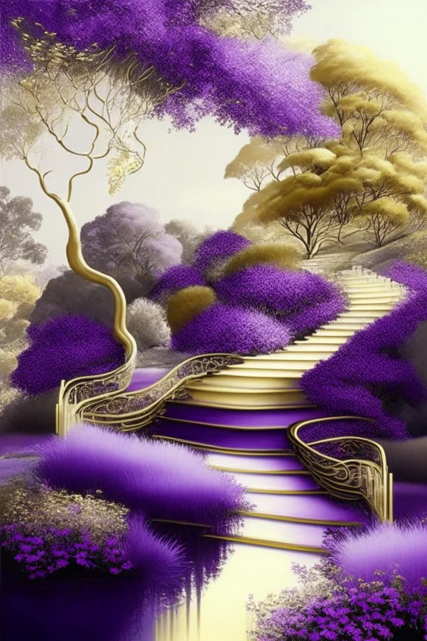 garden sky field trees river pools gold white purple stairs