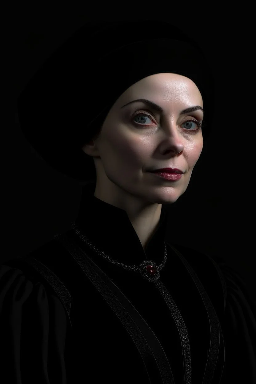 A portrait of a 40-year old british aristocrat woman from XV century in strict dark clothes, authoritative, cold, emotionless, in the style of Genndy Tartakovsky