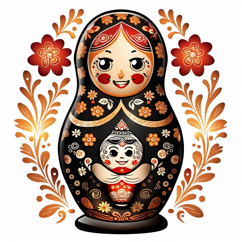 draw matryoshka dolls, the matryoshka is smiling, the kind sweet face of the matryoshka doll, behind the matryoshka Russian patterns in the style of Khokhloma