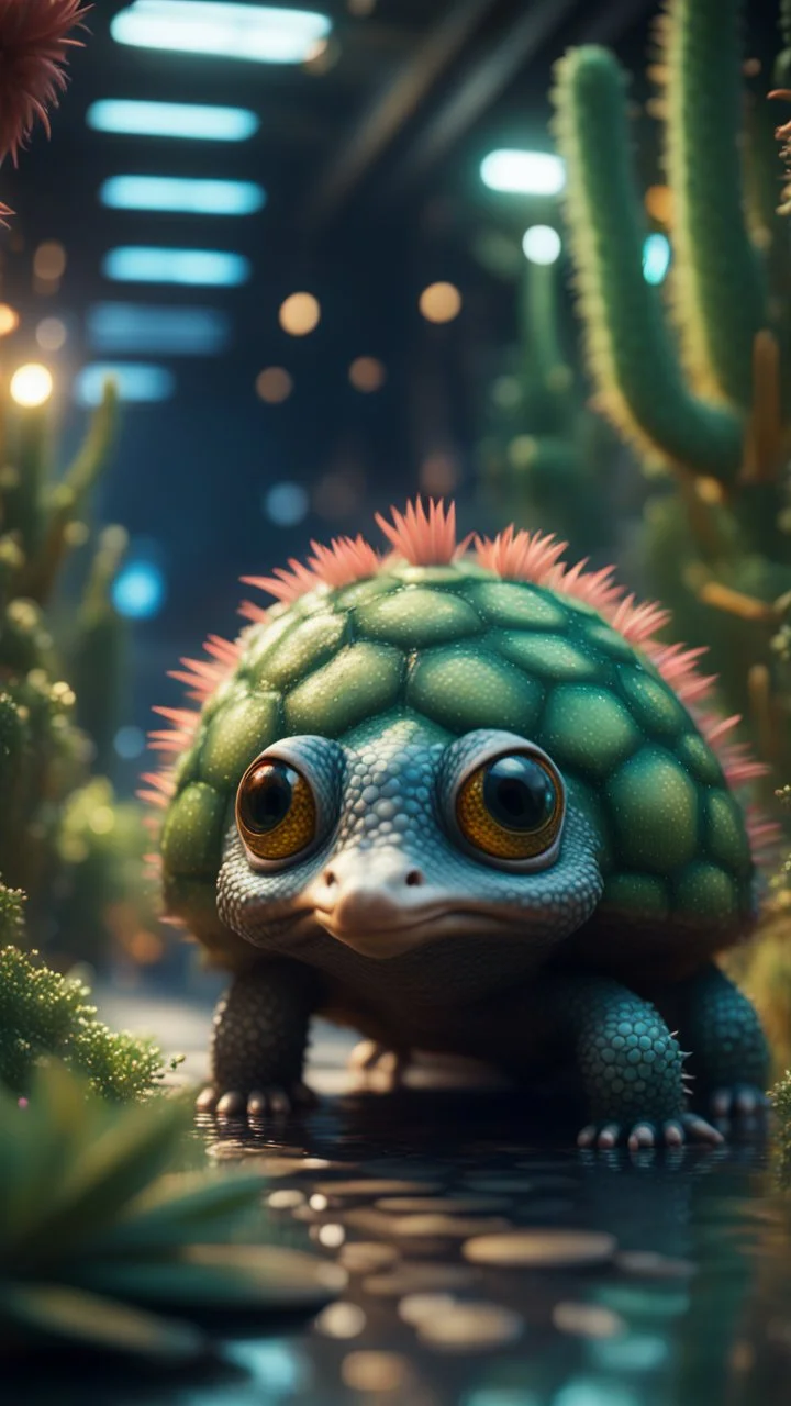 Space ostrich turtle cactus dragon with friendly cute face and hair locks in dark lit reflective wet jungle metallic hall dome hotel tunnel, in the style of a game,bokeh like f/0.8, tilt-shift lens 8k, high detail, smooth render, down-light, unreal engine, prize winning