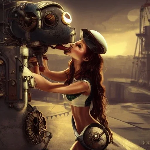 great illustrator, spanish, realistic rendering of a cute spanish girl kissing a small robotic bird, beautiful, steampunk style. Helmet with tubes. Machinery in the background. robotic bird flying. High details. 4k. unreal engine, sunset