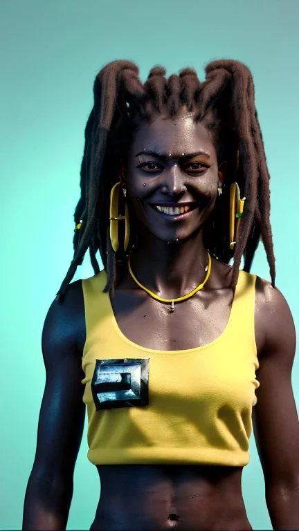 A woman has dark skin, yellow eyes and black dreadlocks. Her face has a slying smile, showing her superiority in the eyes of others. She is dressed in a steel armor with a few pieces of yellow and green fabric sticking out.
