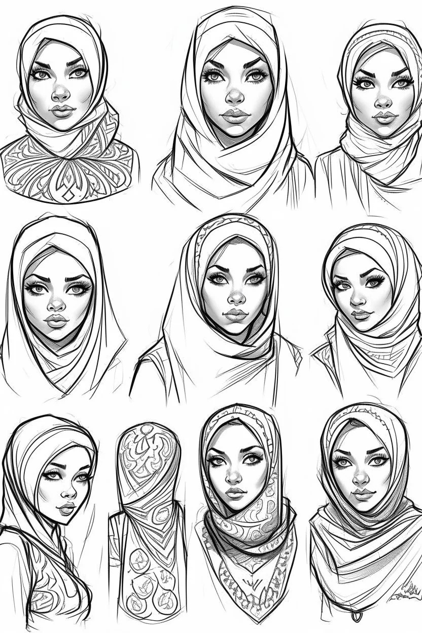 Sketches of drawing a beautiful girl wearing a hijab with Egyptian features