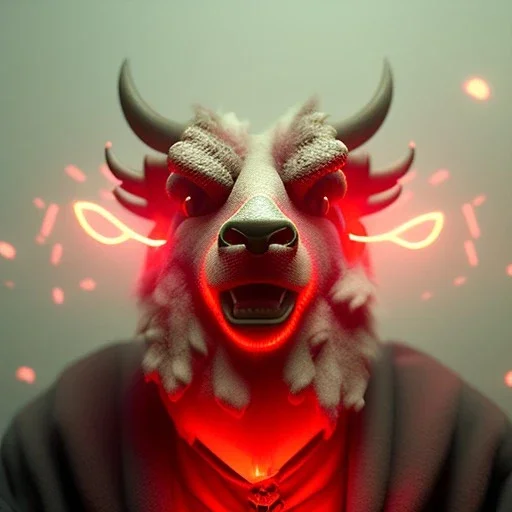 closeup face anthropomorphic bison sorcerer releasing a spell, relaxed, in the style of greg rutkowski cyberpunk red glowing light from inside, trending on artstation, detailed, realistic, hight quality