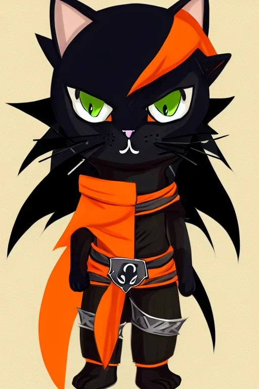 cat 2d, knight, ninja, black fur,full body, orange torn coat,game character, strong, anime, chibi