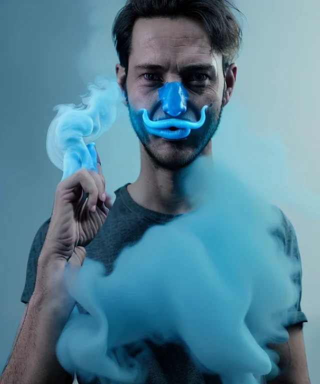 Realistic image, a guy doing a fuck you with his hand coming out of blue smoke from his eyes, nose and mouth. soft color, highly detailed, unreal engine 5, ray tracing, RTX, lumen lighting, ultra detail, volumetric lighting, 3d, finely drawn, high definition, high resolution.