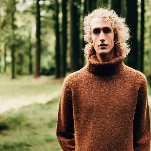 a full picture of a tall skinny man with blonde and frizzy hair wearing a woolen sweater standing outside in nature