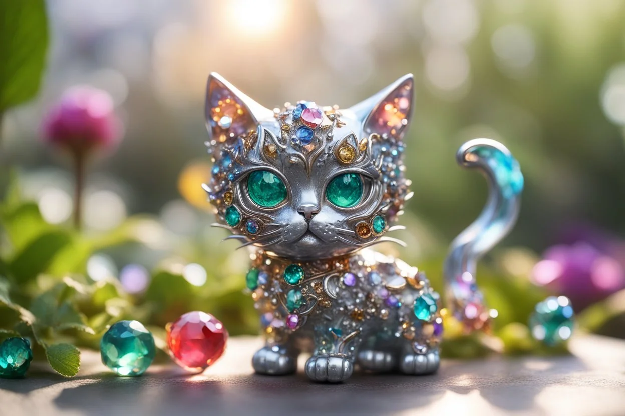 Coloured glass cute chibi cat in the garden set with gemstones, glittering metal stems and gemstone leaves on a room table sharp focus elegant extremely detailed intricate very attractive beautiful dynamic lighting fantastic view crisp quality exquisite detail gems and jewels S<AI in sunshine Weight:1 Professional photography, bokeh, natural lighting, canon lens, shot on dslr 64 megapixels sharp focus Weight:0.9