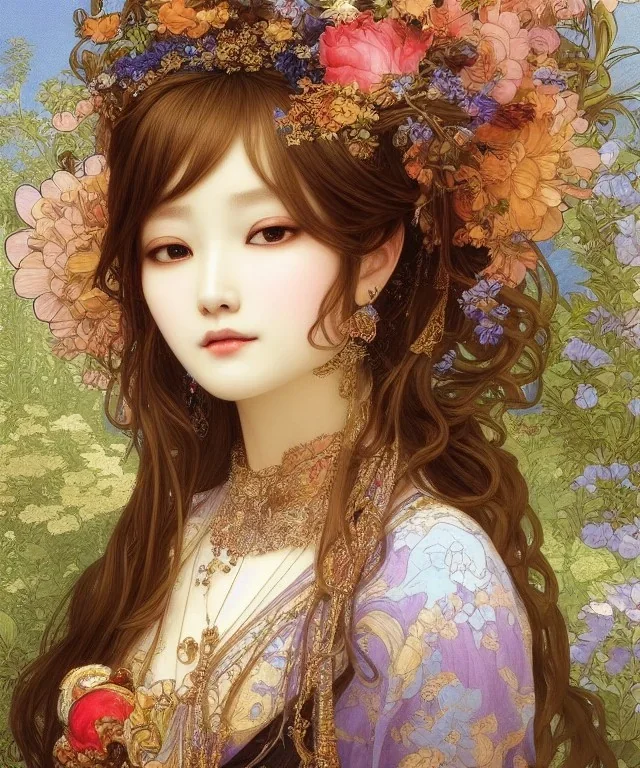 a masterpiece ultrarealistic ultradetailed face portrait of beautiful love, jewelry genius, witch girl on fruits street market baroque renaissance. medium shot, intricate, elegant, by stanley artgerm lau, wlop, alphonse mucha, rossdraws, andrei riabovitchev, yoshitaka amano. flower background by takashi murakami