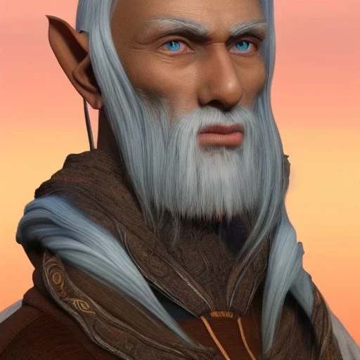 Ladore Kithollal is a 205 year old male wood elf diplomat. He has long, curled, white hair shaved on the right side and blue eyes. He has rough copper skin, realistic, high detail, uhd, 8k