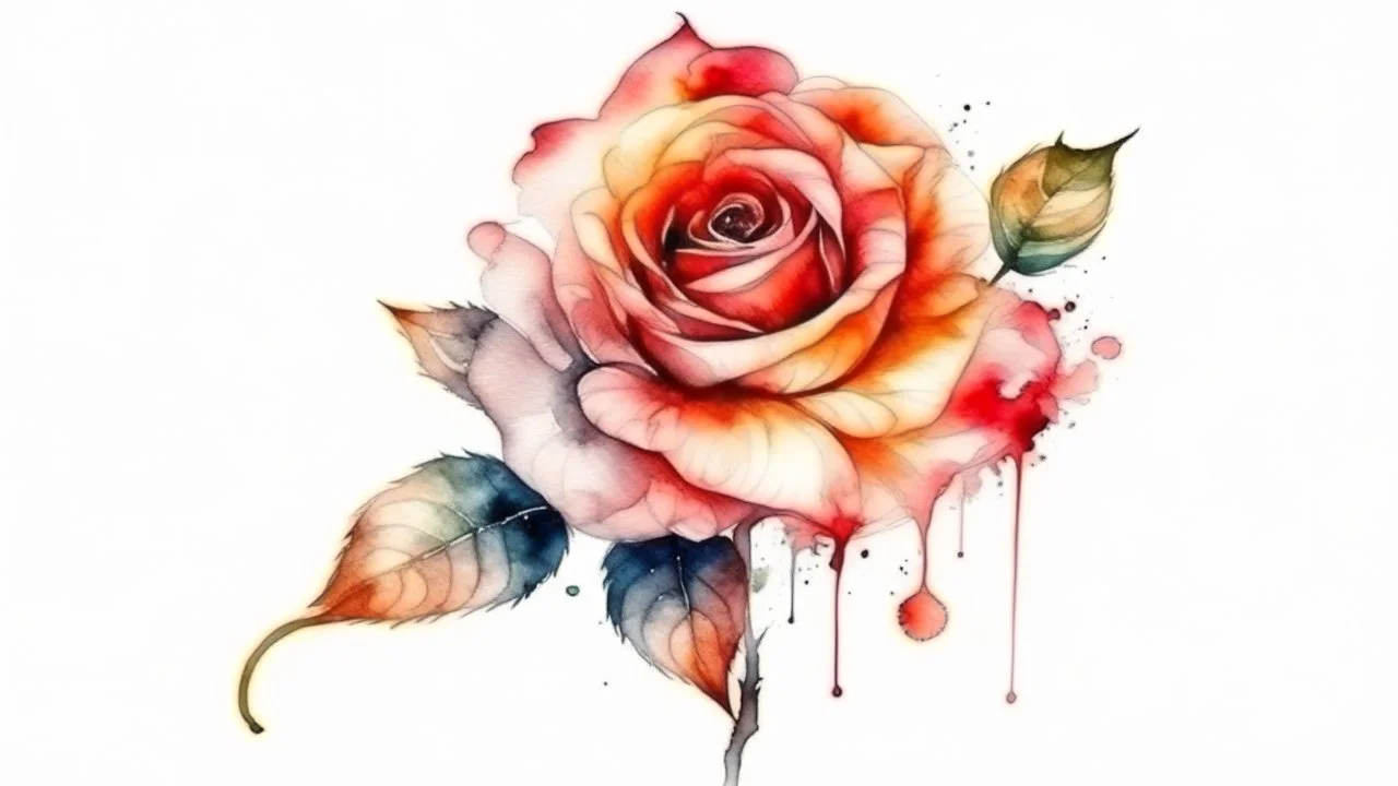 watercolor tattoo of a rose, isolated on a white background