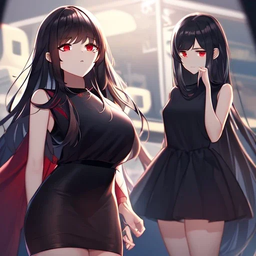 Clear focus,High resolution, black long hair, Vibrant red eyes, Emo style, Black skirt, wearing a black shirt sleeveless, Wearing black and red cutsleeves, Hand near chin