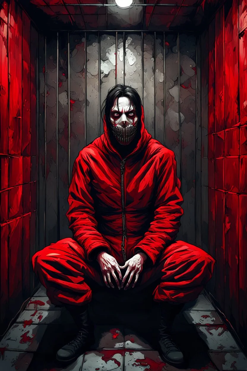 A scary gothic person sits quietly in the middle of a soundproof, padded room conveying intense dramatic emotions in a muted environment, wearing a bright red straitjacket , a mask to cover the mouth area of cannibal evil scary, dark and gothic look, cold eyes, eary ultra detailed,.32k, digital art style with messy paint, hardened sealer appearance, impasto, dramatic Arial view with explosive chaotic background