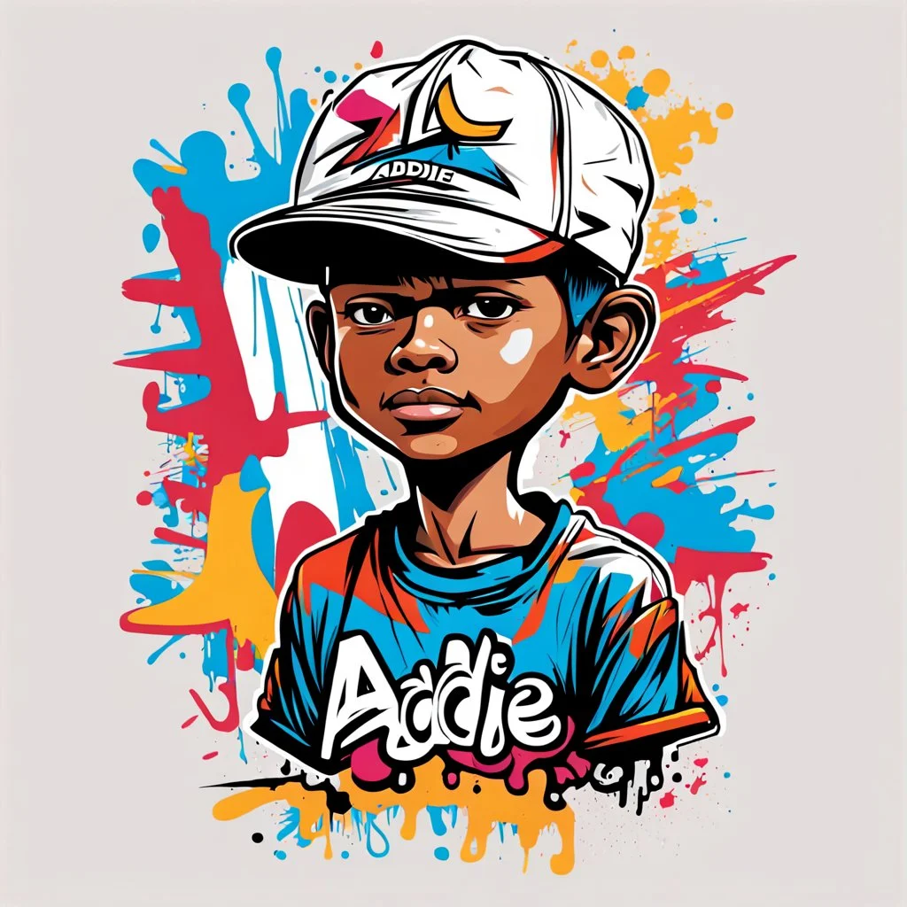 Vector t shirt art ready to print colorful graffiti illustration of A boy Indonesia, drawing and a basecap with text "addie" On cap, white background.