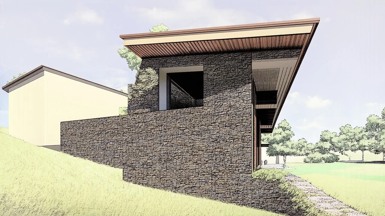 Digital rendering of a modern building with a unique architectural design. the building is located on a hillside with a grassy area in the foreground. the sky is blue and there are trees in the background. in the center of the image, there is a large stone wall with a wooden roof on top. the roof is supported by two columns and has a sloping design. on the left side of the wall, there are two smaller buildings, one on the right side and one in the distance. the wall appears to be made of stacked