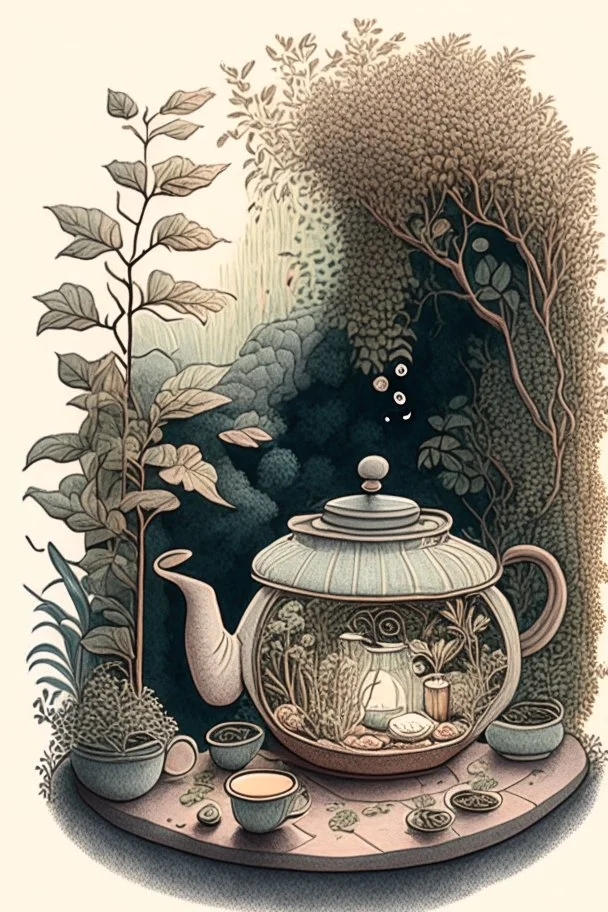 Cozy vibes drawing art tea pot, garden inside tea pot