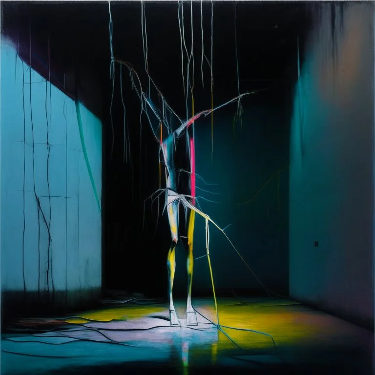 Minimal abstract oil painting of a person limbs sinew. in concrete warehouse brutalist architecture and hanging wires illuminated at night. With triadic colours. In the style of Justin Mortimer and Francis bacon